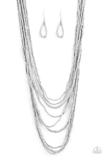 Totally Tonga Silver Seed Bead Necklace - Paparazzi Accessories- on model - CarasShop.com - Paparazzi Jewelry by Cara Jewels