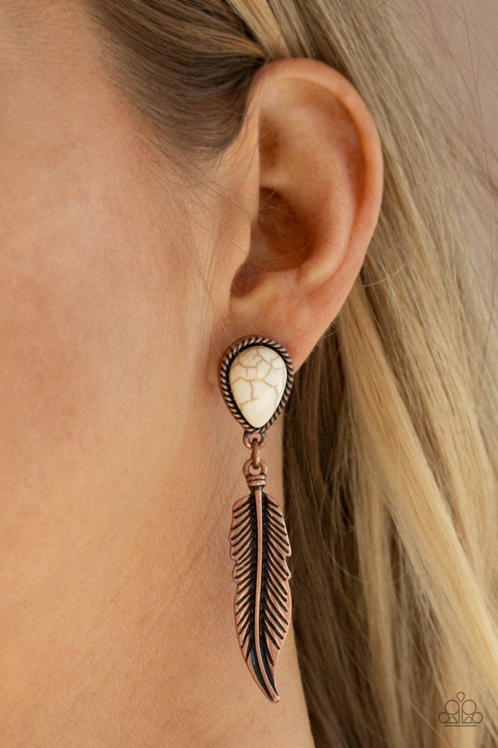 Totally Tran-QUILL Copper Earrings - Paparazzi Accessories- on model - CarasShop.com - Paparazzi Jewelry by Cara Jewels