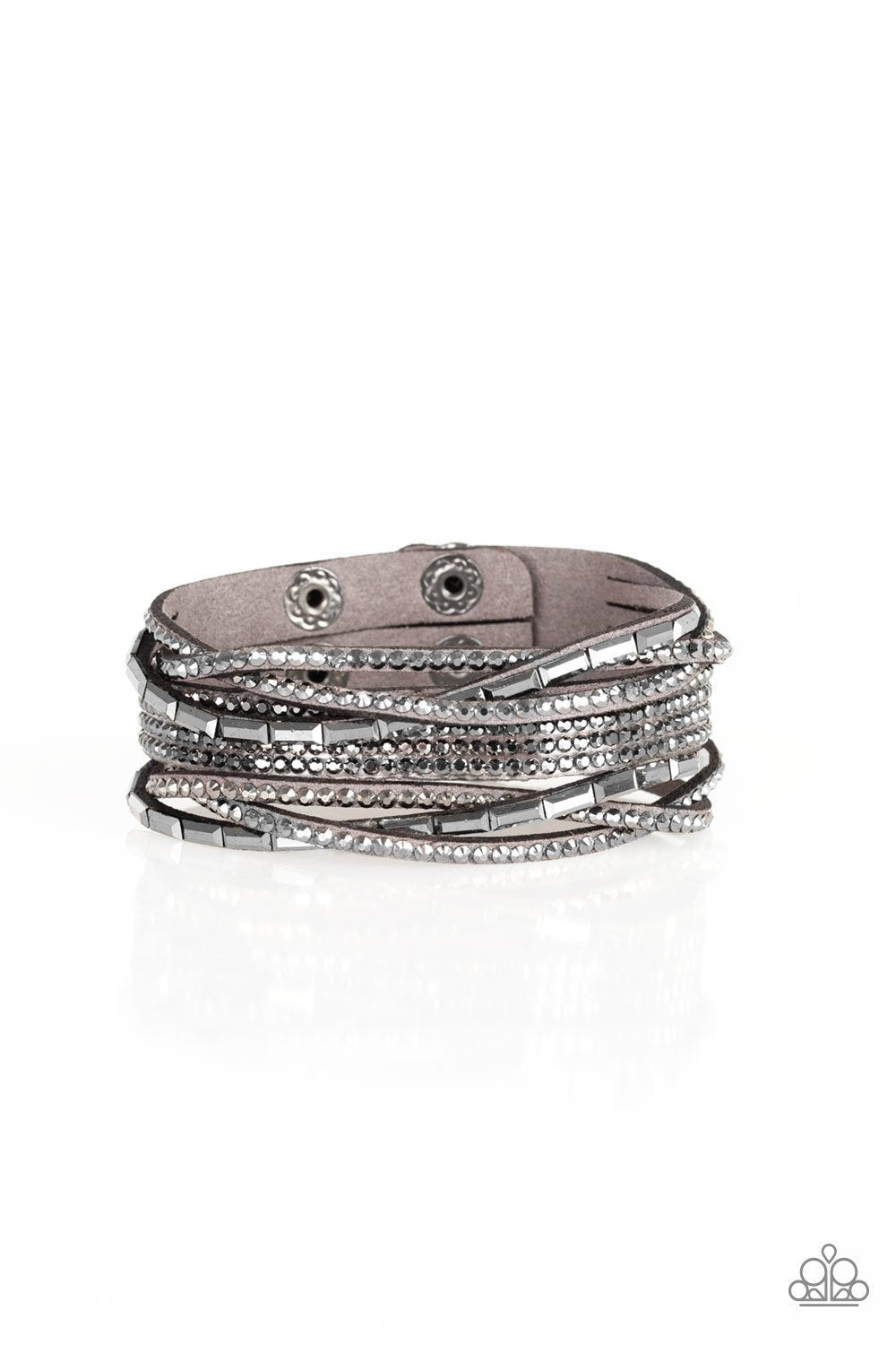 Tough Girl Glam Silver and Hematite Wrap Snap Bracelet - Paparazzi Accessories- on model - CarasShop.com - Paparazzi Jewelry by Cara Jewels