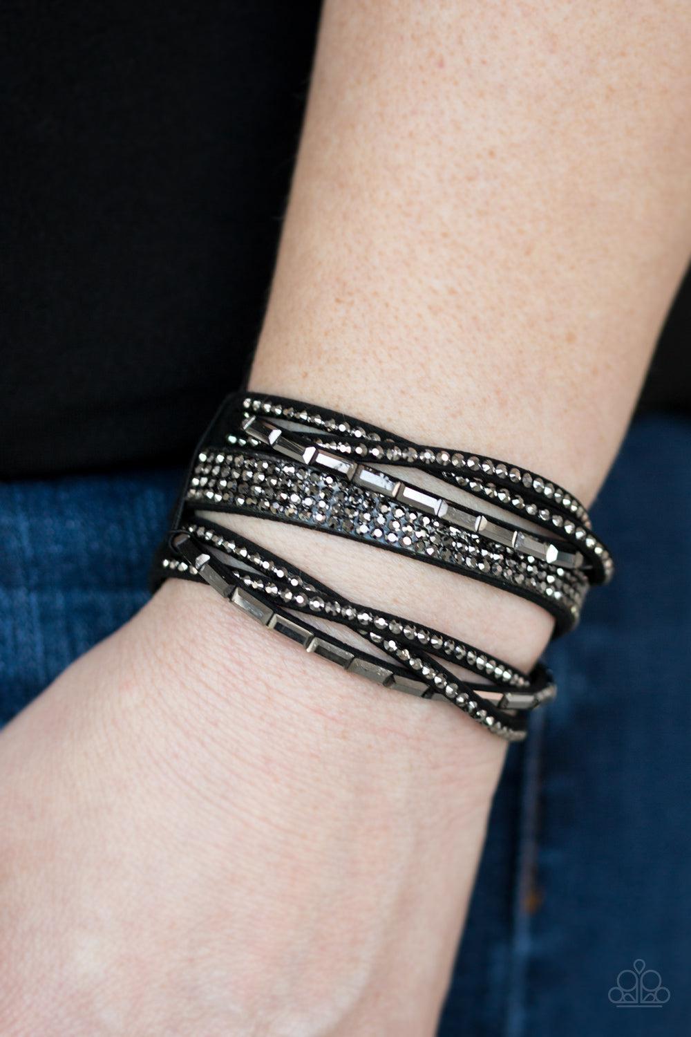 Tough Girl Glamour Black & Hematite Wrap Bracelet - Paparazzi Accessories- on model - CarasShop.com - Paparazzi Jewelry by Cara Jewels