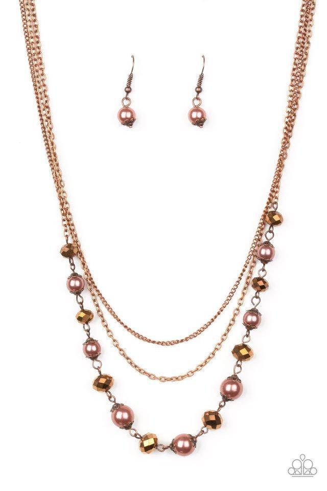 Tour de Demure Copper Pearl and Rhinestone Necklace - Paparazzi Accessories- lightbox - CarasShop.com - Paparazzi Jewelry by Cara Jewels