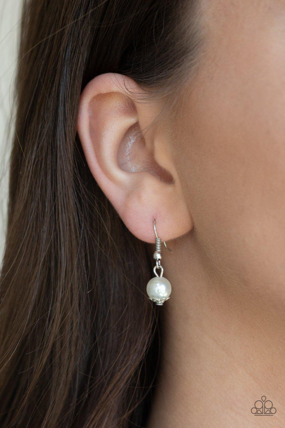 Tour De Demure White Pearl Necklace - Paparazzi Accessories- on model - CarasShop.com - Paparazzi Jewelry by Cara Jewels