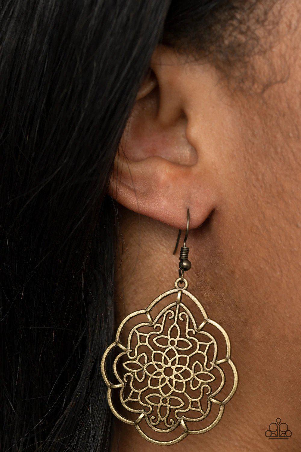 Tour De Taj Mahal Brass Earrings - Paparazzi Accessories- on model - CarasShop.com - Paparazzi Jewelry by Cara Jewels