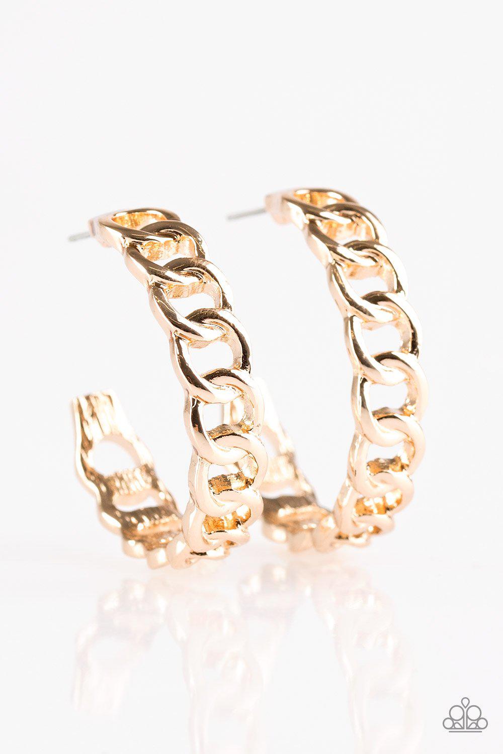 Track Record Gold Hoop Earrings - Paparazzi Accessories- on model - CarasShop.com - Paparazzi Jewelry by Cara Jewels