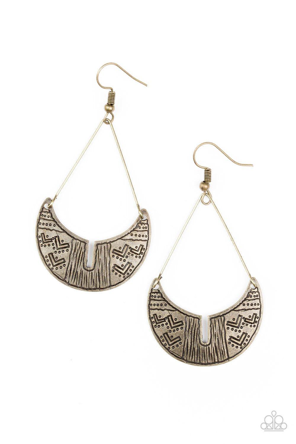 Trading Post Trending Brass Earrings - Paparazzi Accessories- on model - CarasShop.com - Paparazzi Jewelry by Cara Jewels
