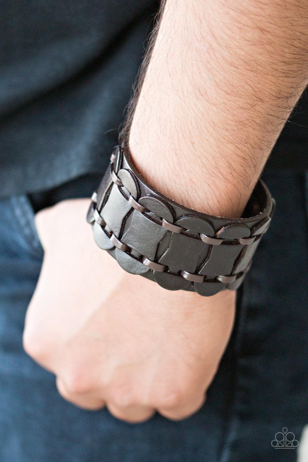 Traffic Control Men's Brown Leather Snap Bracelet - Paparazzi Accessories- on model - CarasShop.com - Paparazzi Jewelry by Cara Jewels