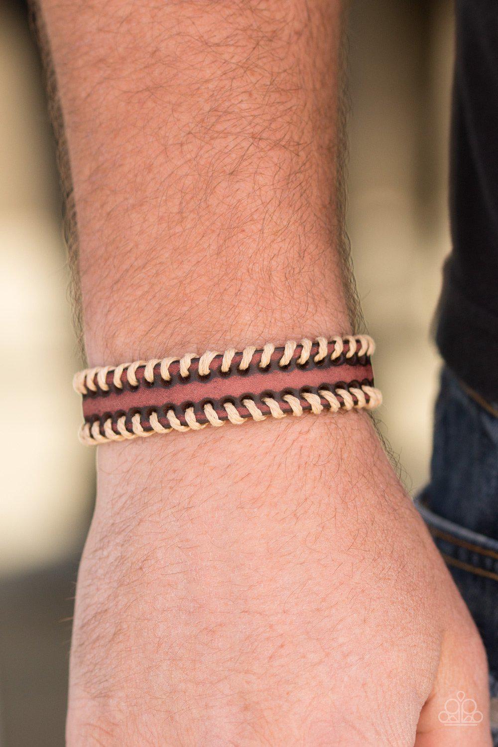 Trail Excursion Brown Leather and Twine Urban Wrap Snap Bracelet - Paparazzi Accessories- lightbox - CarasShop.com - Paparazzi Jewelry by Cara Jewels