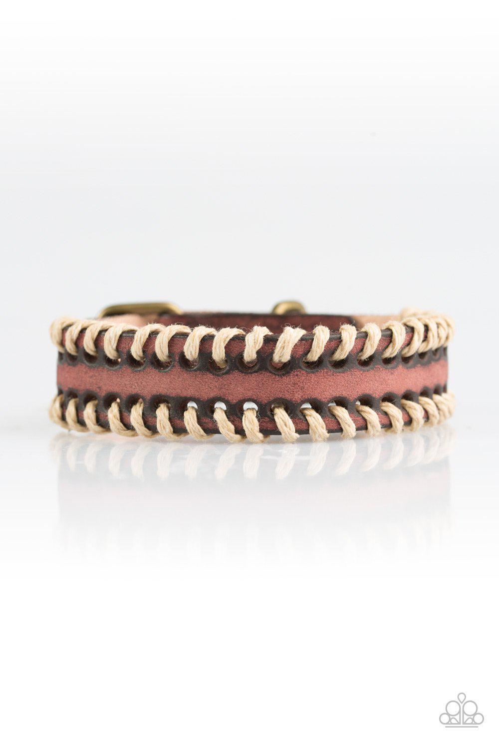Trail Excursion Brown Leather and Twine Urban Wrap Snap Bracelet - Paparazzi Accessories- on model - CarasShop.com - Paparazzi Jewelry by Cara Jewels