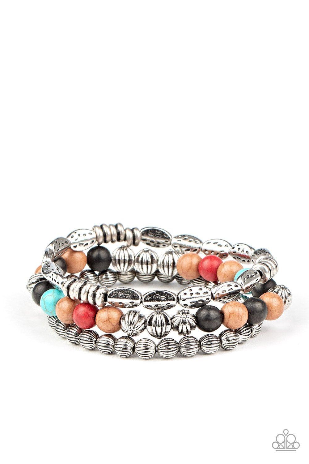 Trail Mix Mecca Multi Stone and Silver Bracelet Set - Paparazzi Accessories- on model - CarasShop.com - Paparazzi Jewelry by Cara Jewels