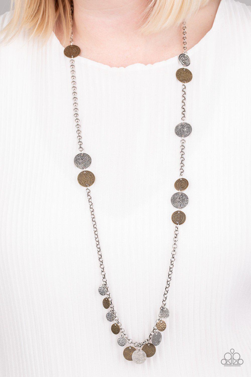 Trailblazing Trinket Multi Silver and Brass Necklace - Paparazzi Accessories- lightbox - CarasShop.com - Paparazzi Jewelry by Cara Jewels