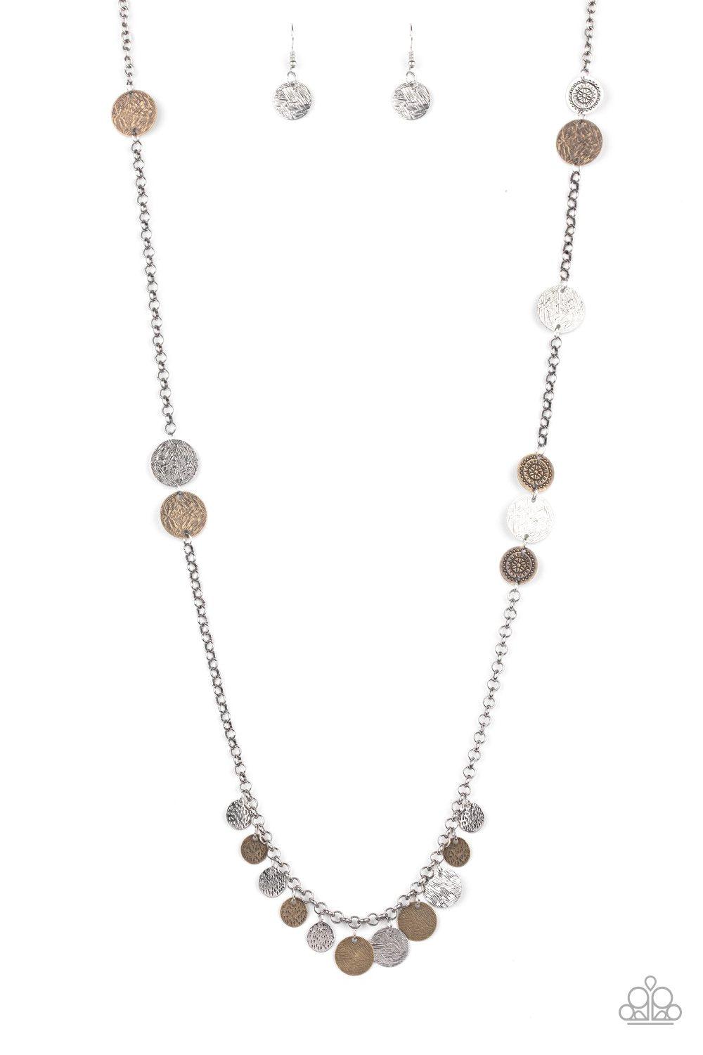 Trailblazing Trinket Multi Silver and Brass Necklace - Paparazzi Accessories- on model - CarasShop.com - Paparazzi Jewelry by Cara Jewels