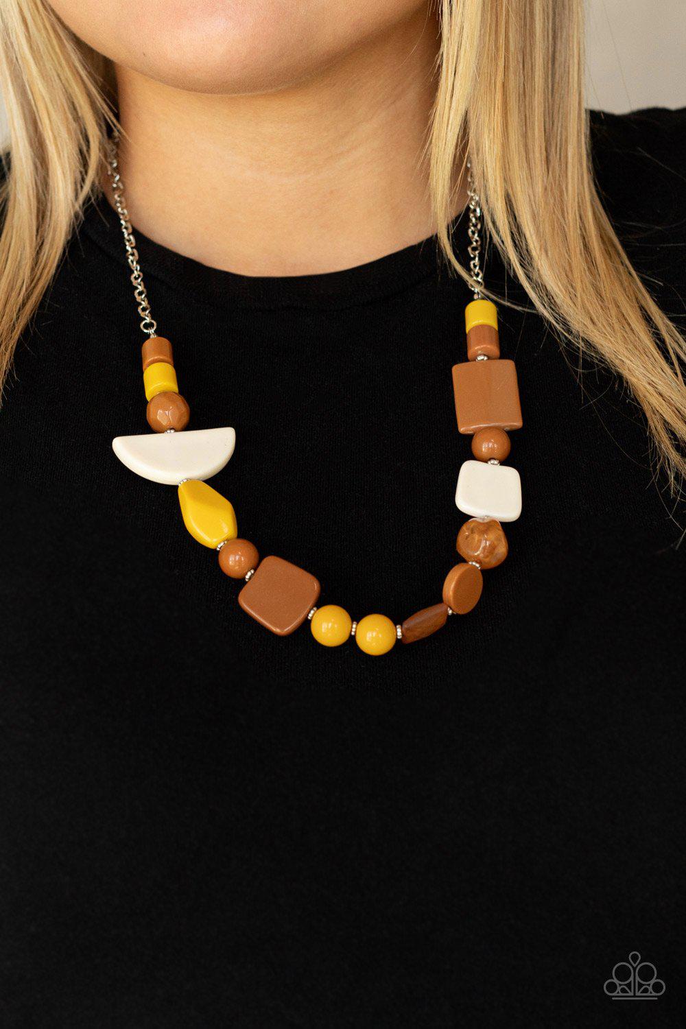 Tranquil Trendsetter Yellow and Brown Abstract Acrylic Necklace - Paparazzi Accessories- on model - CarasShop.com - Paparazzi Jewelry by Cara Jewels