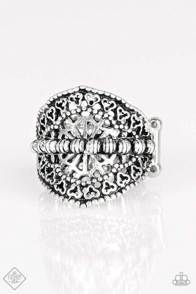 Travel Treasure Silver Filigree Ring - Paparazzi Accessories- on model - CarasShop.com - Paparazzi Jewelry by Cara Jewels