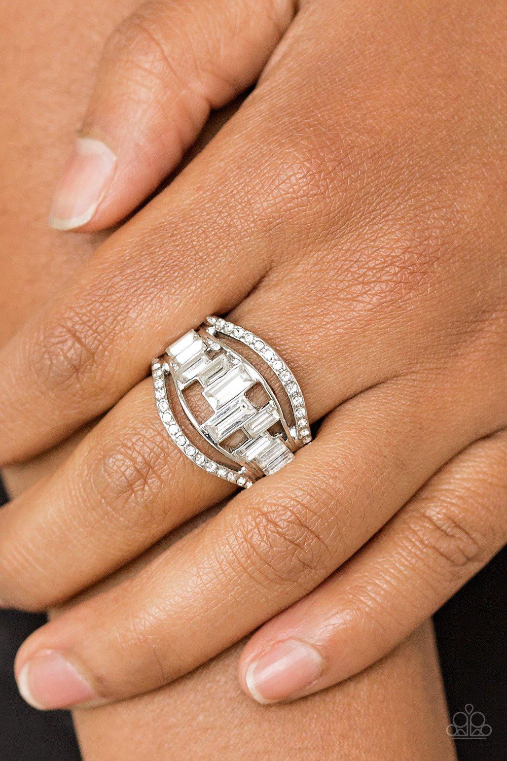Treasure Chest Charm White Rhinestone Ring - Paparazzi Accessories- lightbox - CarasShop.com - Paparazzi Jewelry by Cara Jewels