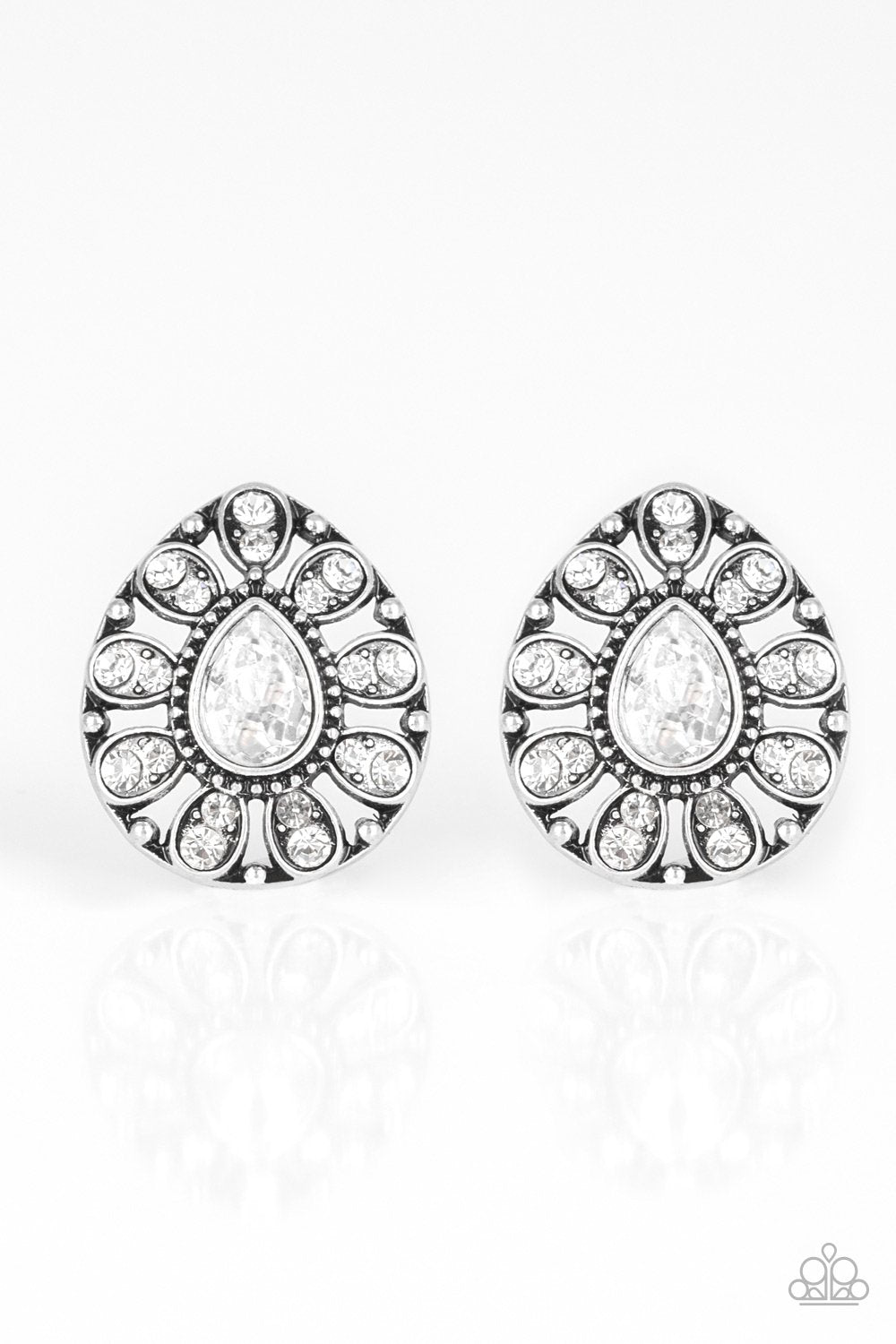 Treasure Retreat White Rhinestone Teardrop Post Earrings - Paparazzi Accessories- lightbox - CarasShop.com - Paparazzi Jewelry by Cara Jewels