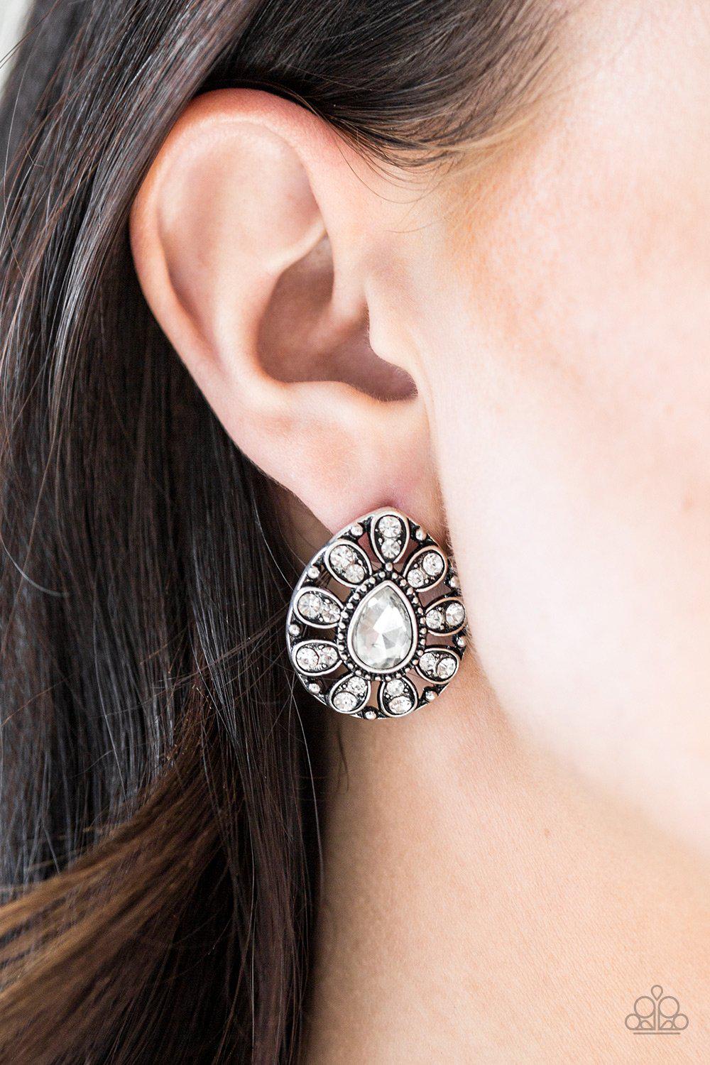 Treasure Retreat White Rhinestone Teardrop Post Earrings - Paparazzi Accessories- lightbox - CarasShop.com - Paparazzi Jewelry by Cara Jewels