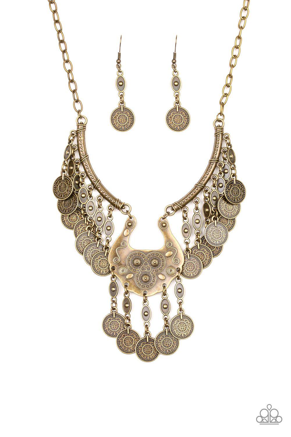 Treasure Temptress Brass Statement Necklace - Paparazzi Accessories - free matching earrings -CarasShop.com - Paparazzi Jewelry by Cara Jewels
