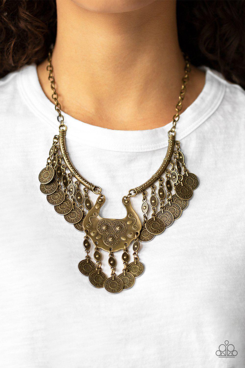 Treasure Temptress Brass Statement Necklace - Paparazzi Accessories- lightbox - CarasShop.com - Paparazzi Jewelry by Cara Jewels