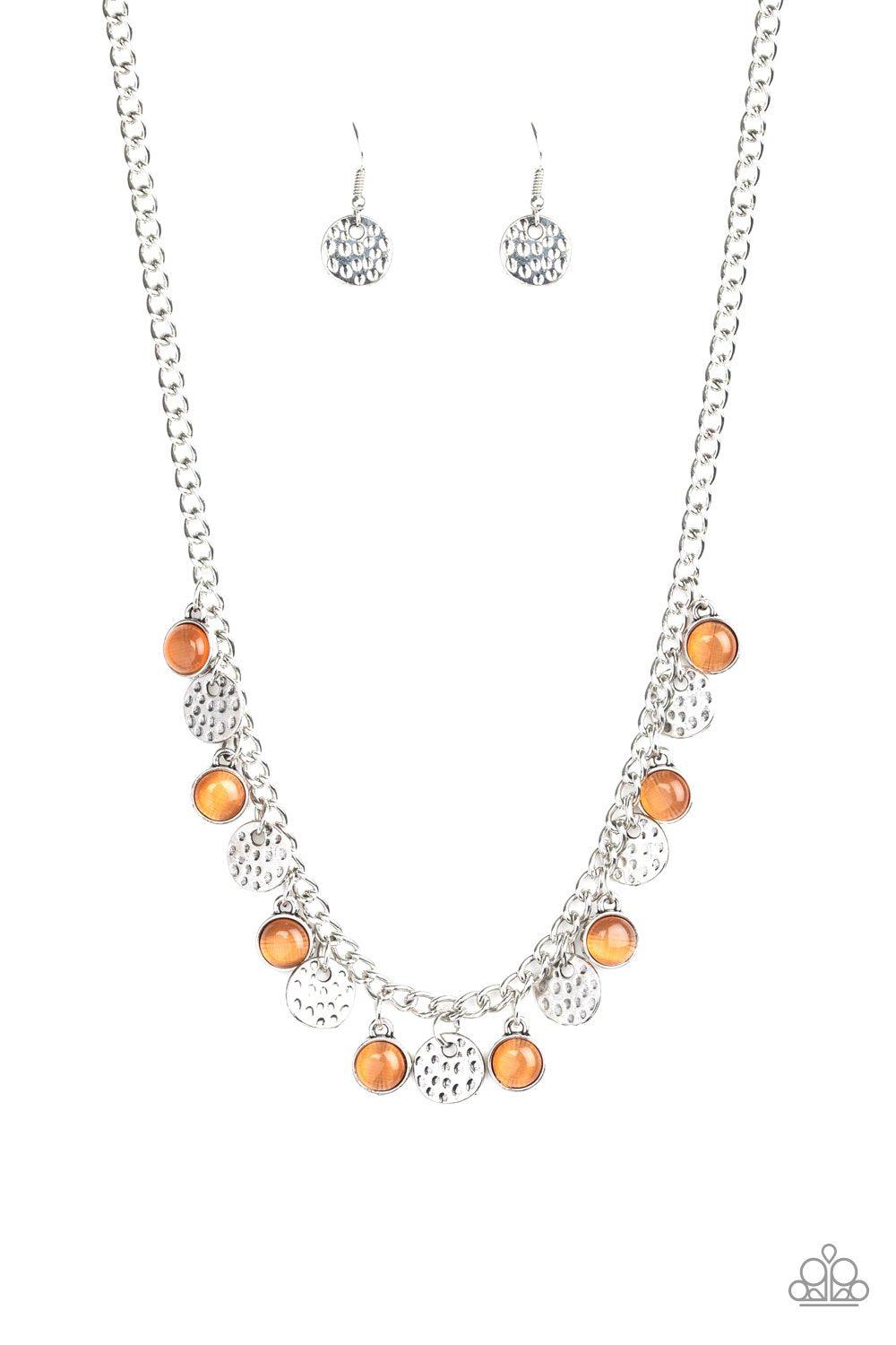 Treasure Tour Orange Moonstone and Silver Necklace - Paparazzi Accessories - free matching earrings -CarasShop.com - Paparazzi Jewelry by Cara Jewels