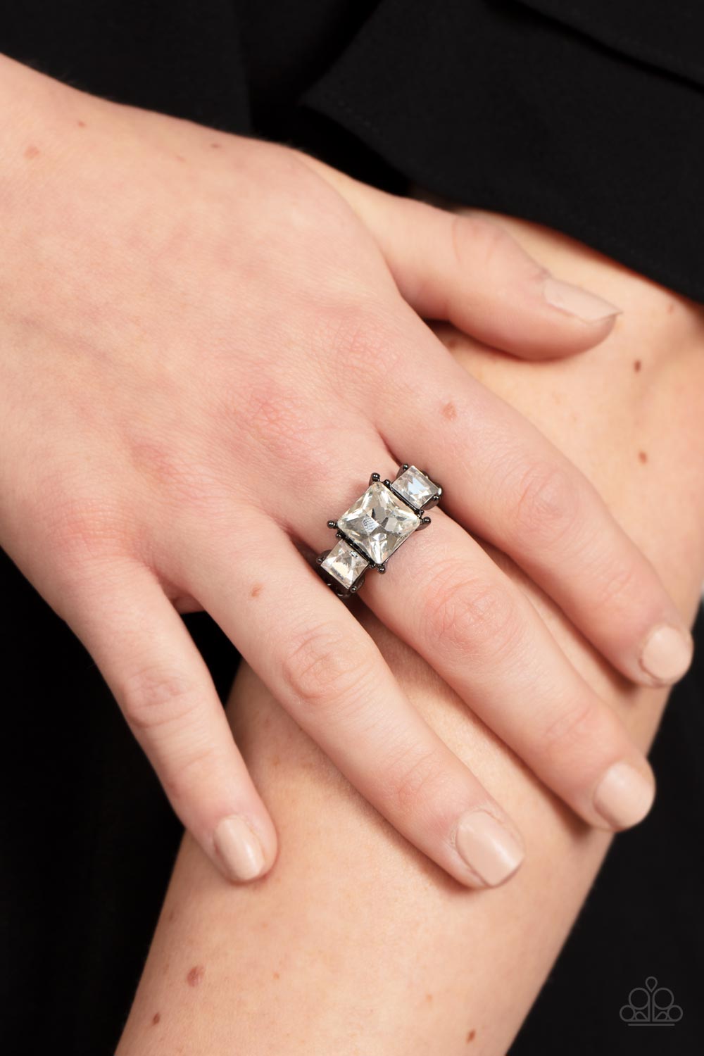 Treasured Twinkle Gunmetal Black & White Rhinestone Ring - Paparazzi Accessories- lightbox - CarasShop.com - Paparazzi Jewelry by Cara Jewels