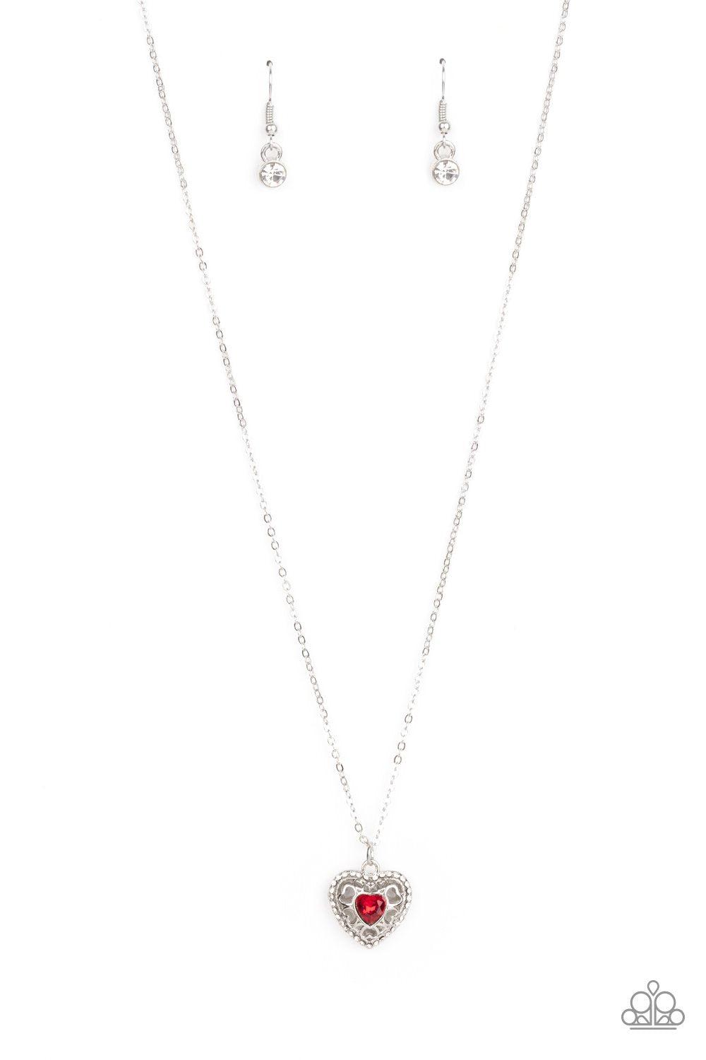 Treasures of the Heart Red and White Rhinestone Heart Necklace - Paparazzi Accessories- on model - CarasShop.com - Paparazzi Jewelry by Cara Jewels