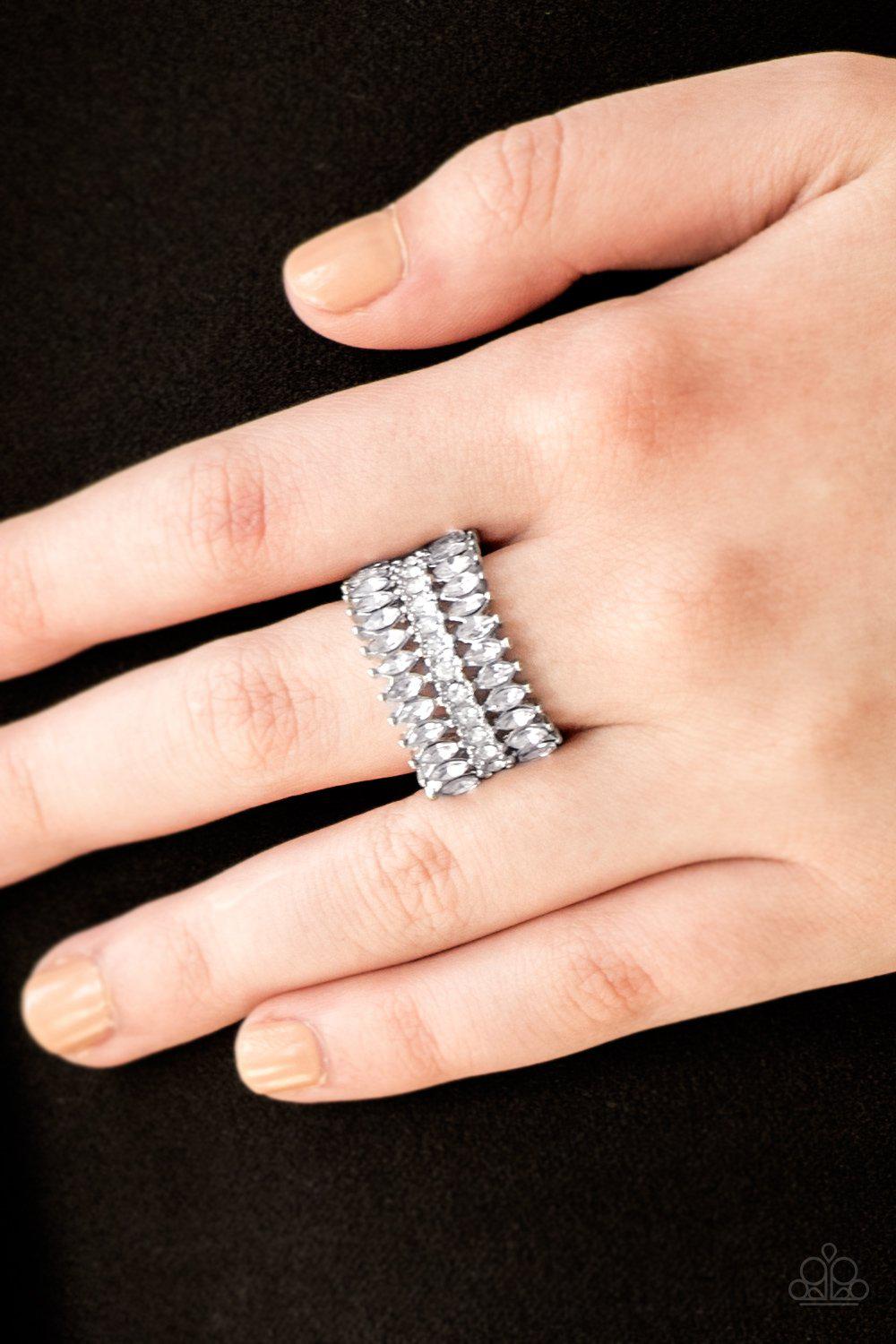 Treasury Fund White Rhinestone Ring - Paparazzi Accessories- on model - CarasShop.com - Paparazzi Jewelry by Cara Jewels