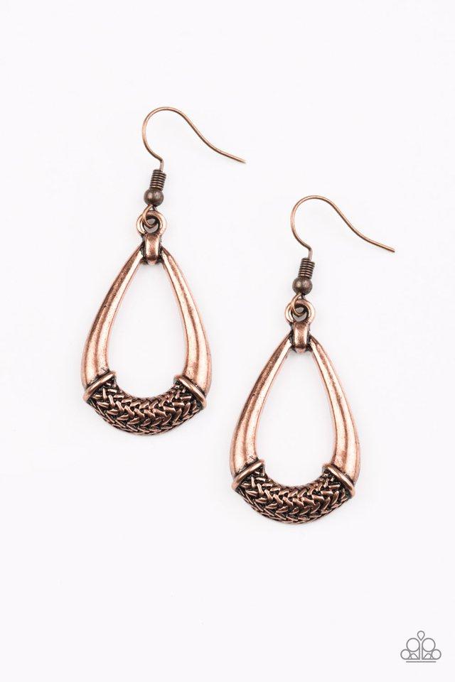 Trending Texture Copper Earrings - Paparazzi Accessories- on model - CarasShop.com - Paparazzi Jewelry by Cara Jewels