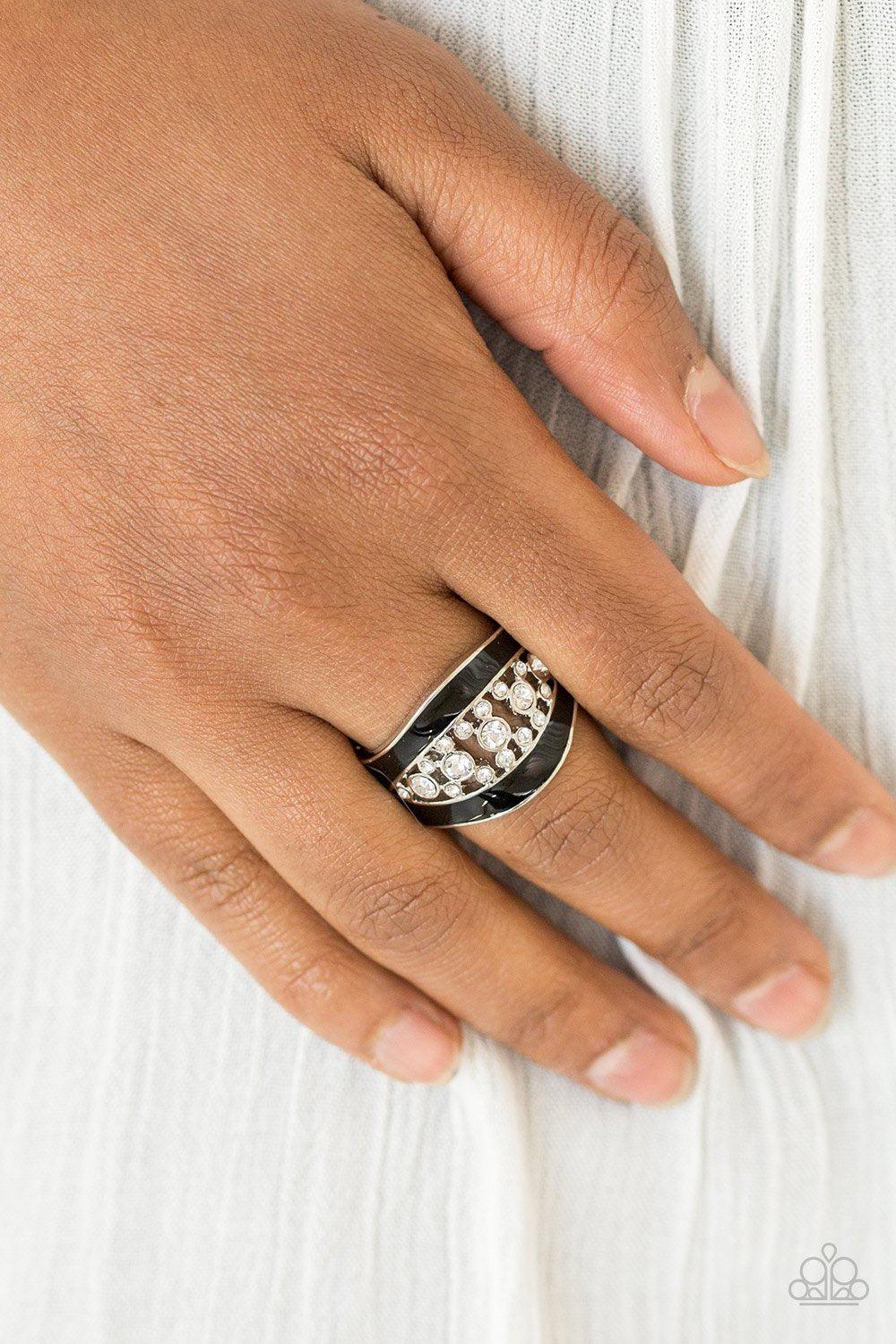 Trending Treasure Black and White Rhinestone Ring - Paparazzi Accessories- lightbox - CarasShop.com - Paparazzi Jewelry by Cara Jewels