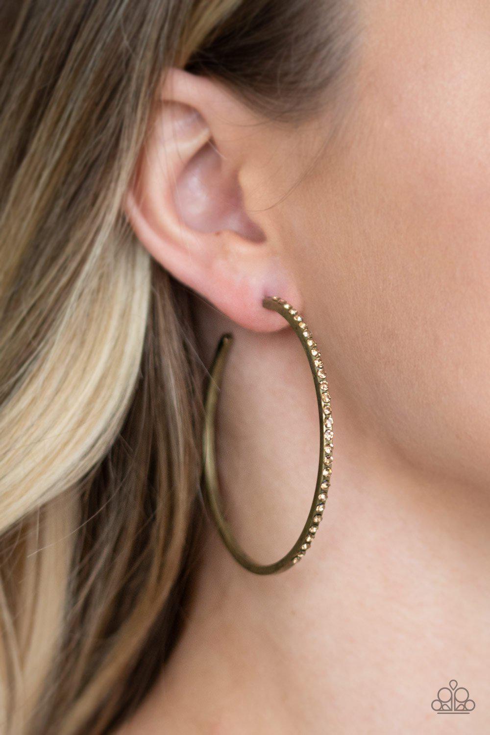 Trending Twinkle Brass Rhinestone Hoop Earrings - Paparazzi Accessories- lightbox - CarasShop.com - Paparazzi Jewelry by Cara Jewels