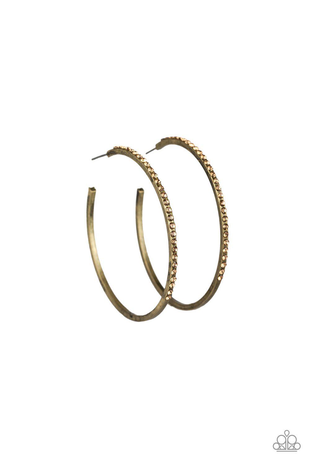 Trending Twinkle Brass Rhinestone Hoop Earrings - Paparazzi Accessories- on model - CarasShop.com - Paparazzi Jewelry by Cara Jewels