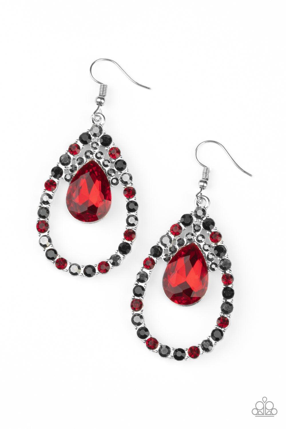 Trendsetting Twinkle Multi Red and Black Gem Earrings - Paparazzi Accessories- on model - CarasShop.com - Paparazzi Jewelry by Cara Jewels