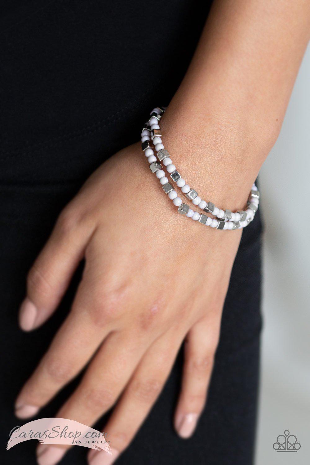Trendy Tribalist Gray and Silver Stretch Bracelet Set - Paparazzi Accessories- on model - CarasShop.com - Paparazzi Jewelry by Cara Jewels
