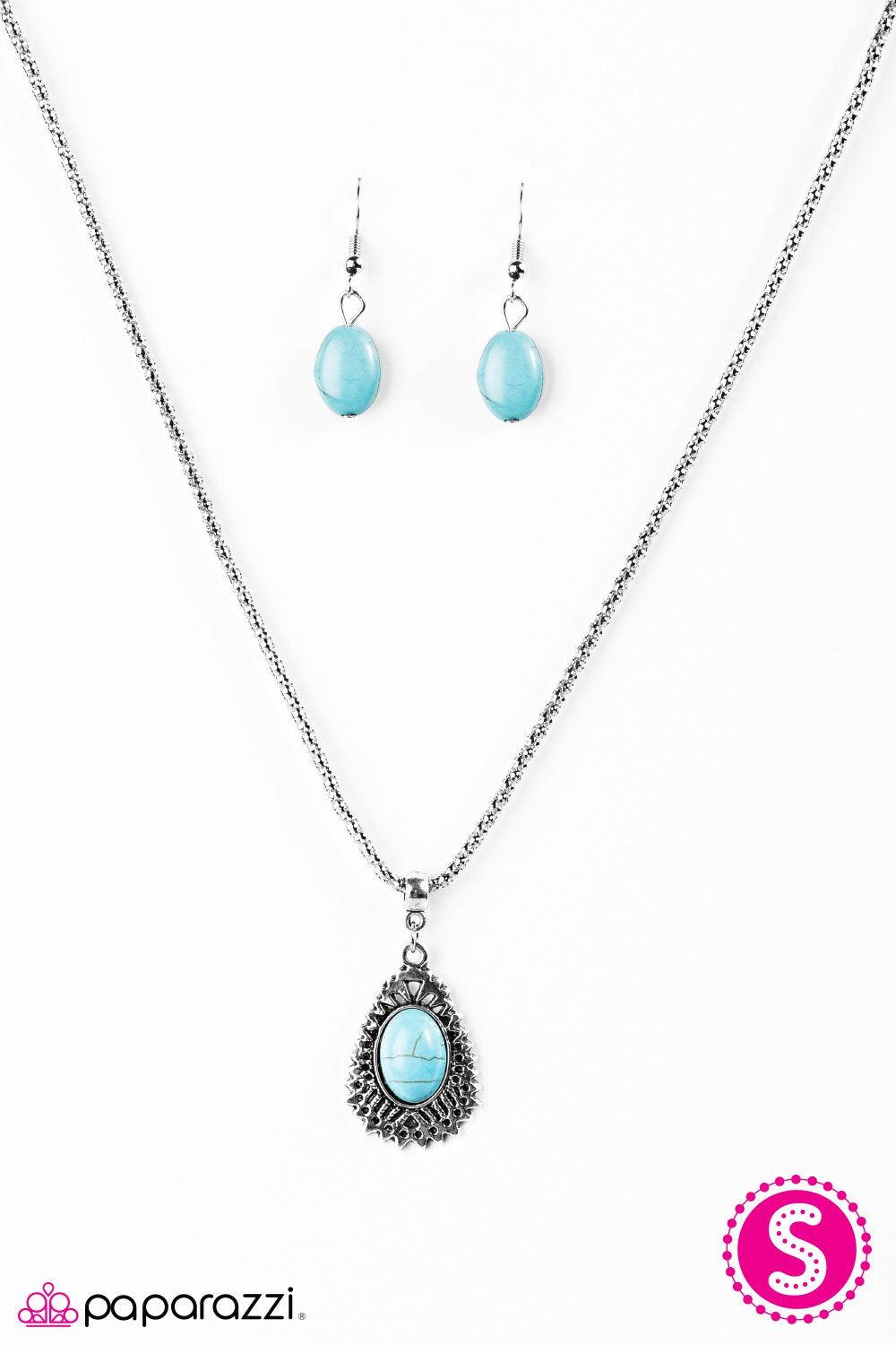 Tribal Enchantment Silver and Turquoise Blue Stone Necklace - Paparazzi Accessories - free matching earrings -CarasShop.com - Paparazzi Jewelry by Cara Jewels