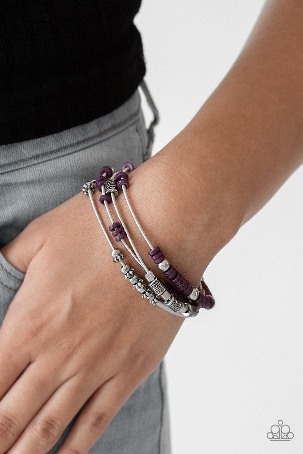 Tribal Spunk Purple and Silver Stretch Bracelet Set - Paparazzi Accessories- lightbox - CarasShop.com - Paparazzi Jewelry by Cara Jewels