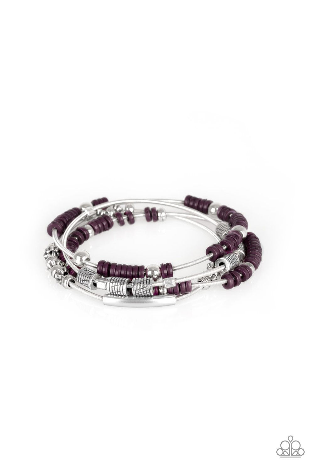 Tribal Spunk Purple and Silver Stretch Bracelet Set - Paparazzi Accessories- on model - CarasShop.com - Paparazzi Jewelry by Cara Jewels