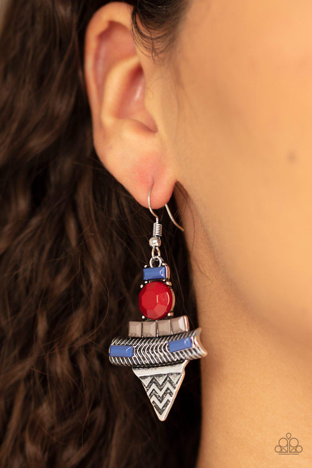 Tribal Terrain Multi Blue, Gray and Wine Earrings - Paparazzi Accessories- on model - CarasShop.com - Paparazzi Jewelry by Cara Jewels