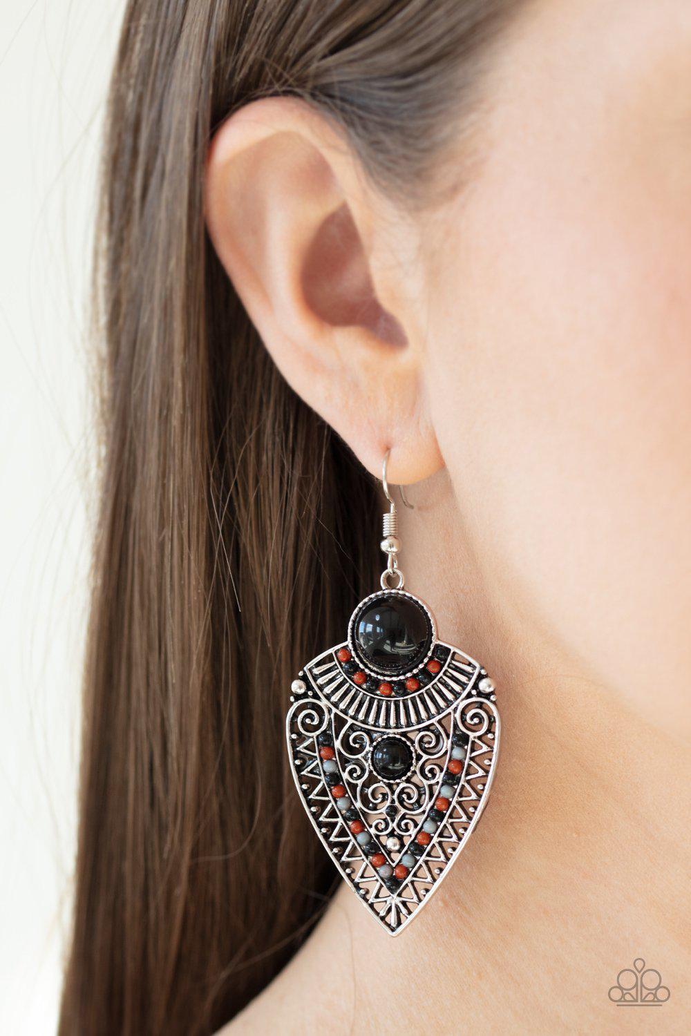 Tribal Territory Black and Silver Earrings - Paparazzi Accessories- on model - CarasShop.com - Paparazzi Jewelry by Cara Jewels