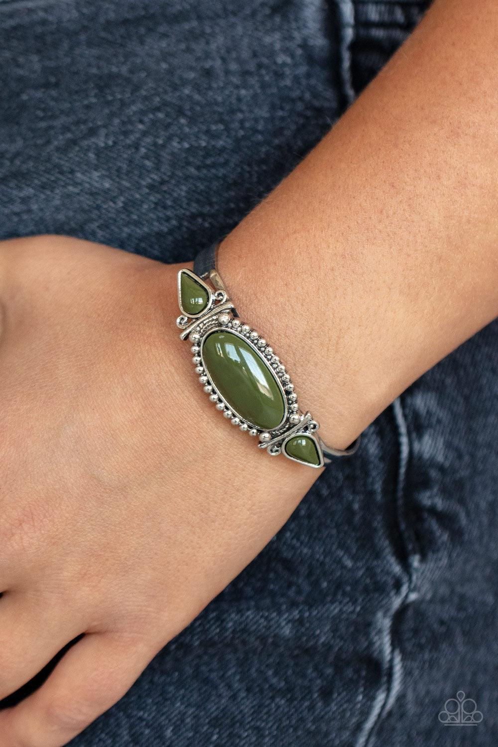 Tribal Trinket Green Cuff Bracelet - Paparazzi Accessories- on model - CarasShop.com - Paparazzi Jewelry by Cara Jewels