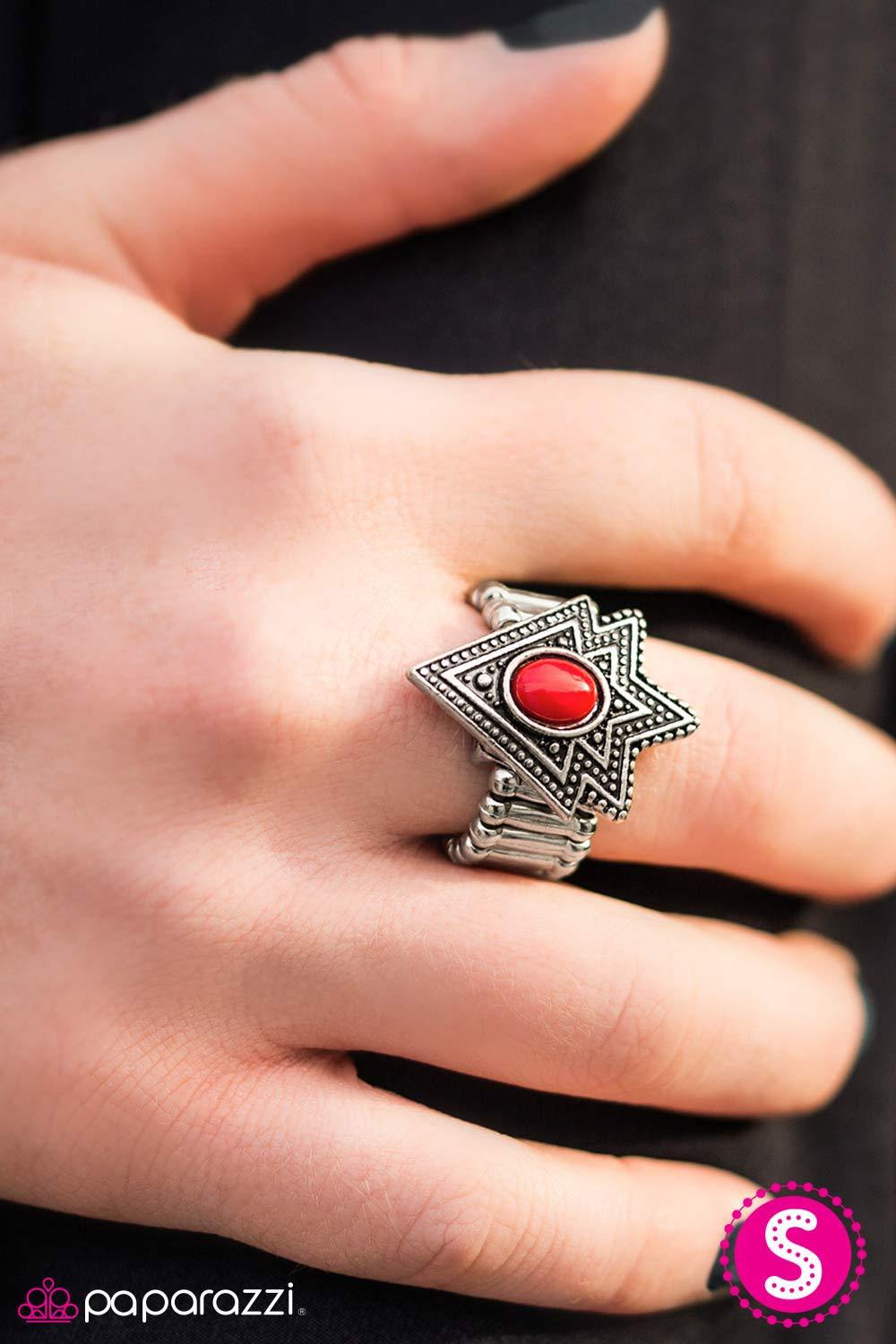 Tribe Vibe Silver and Red Ring - Paparazzi Accessories- on model - CarasShop.com - Paparazzi Jewelry by Cara Jewels