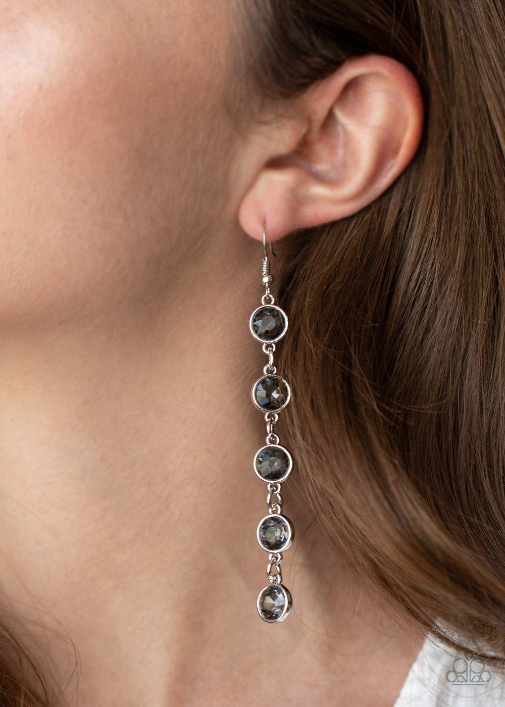 Trickle Down Twinkle Silver Smoky Rhinestone Earrings - Paparazzi Accessories- on model - CarasShop.com - Paparazzi Jewelry by Cara Jewels