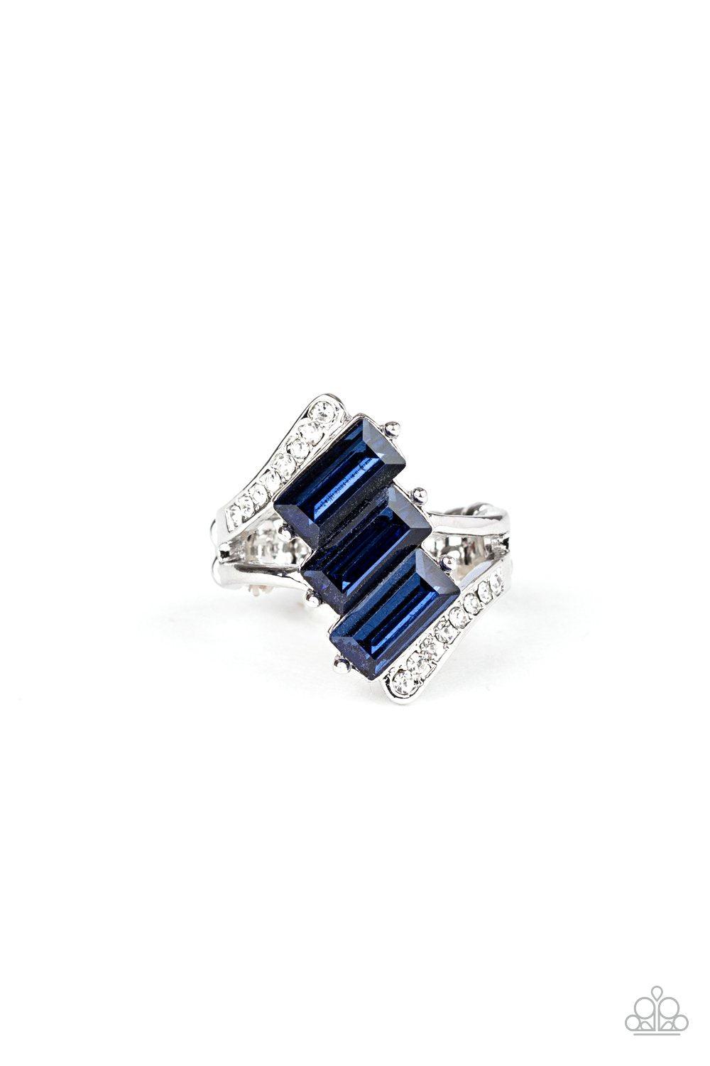 Triple Razzle Blue Rhinestone Ring - Paparazzi Accessories- on model - CarasShop.com - Paparazzi Jewelry by Cara Jewels