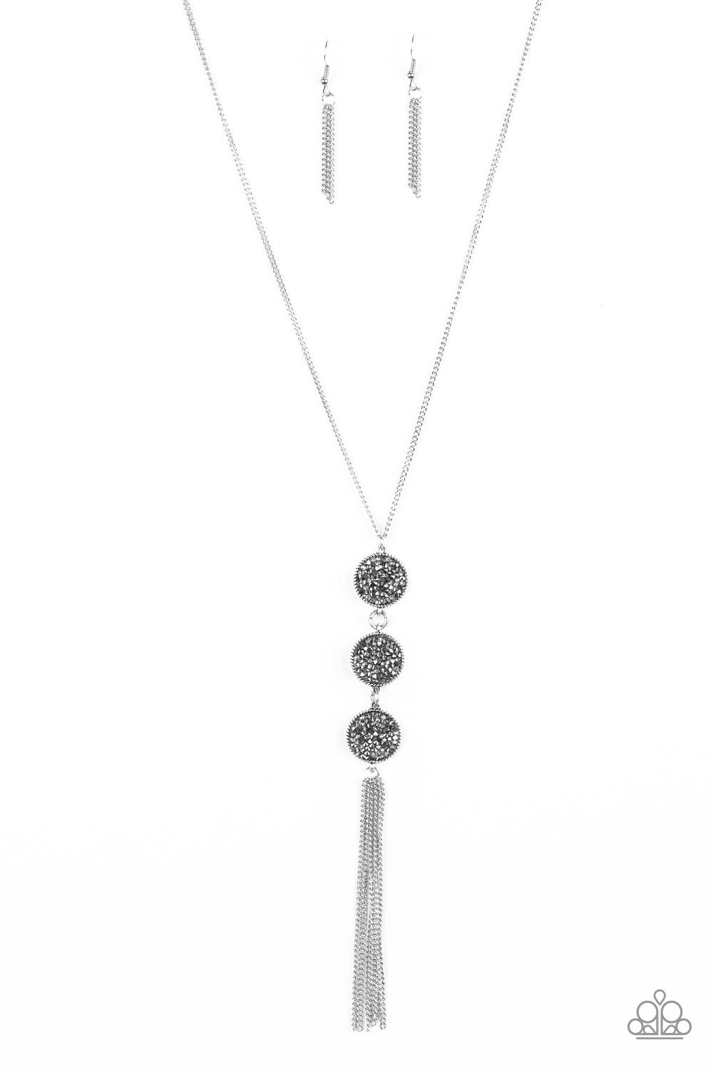 Triple Shimmer Silver Hematite and Smoky Rhinestone Tassel Necklace - Paparazzi Accessories- lightbox - CarasShop.com - Paparazzi Jewelry by Cara Jewels