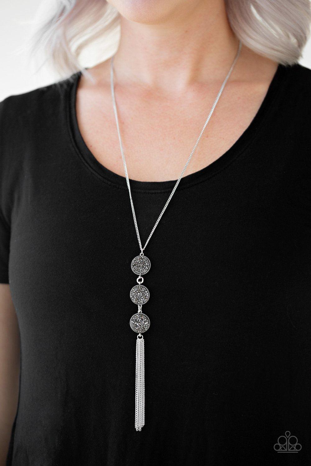 Triple Shimmer Silver Hematite and Smoky Rhinestone Tassel Necklace - Paparazzi Accessories- on model - CarasShop.com - Paparazzi Jewelry by Cara Jewels