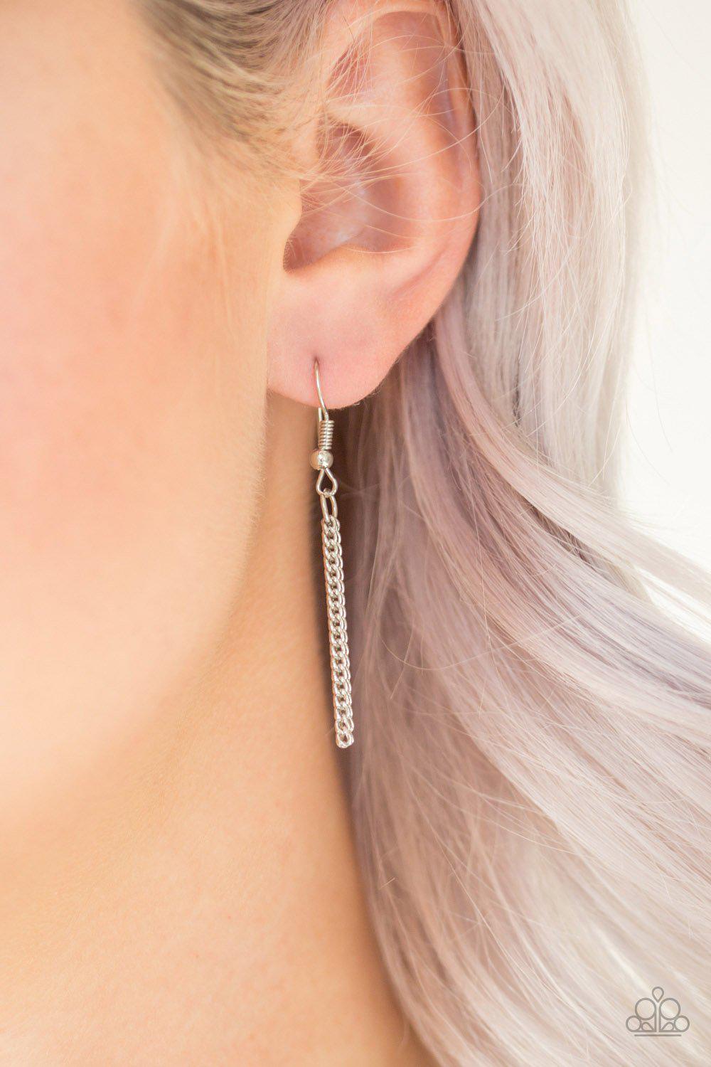 Triple Shimmer White Rhinestone Tassel Necklace - Paparazzi Accessories - free matching earrings -CarasShop.com - Paparazzi Jewelry by Cara Jewels