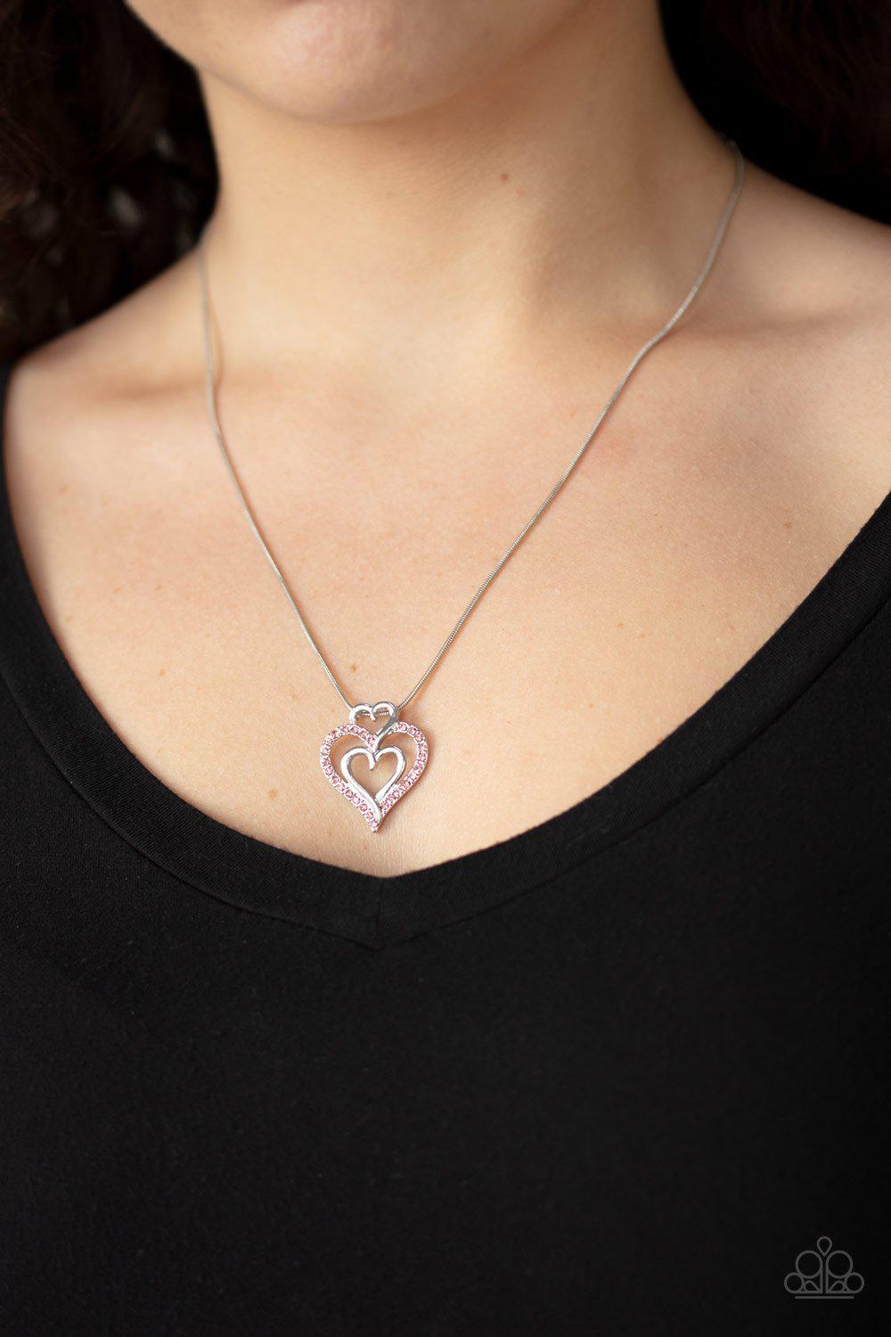 Triple The Beat Pink Rhinestone Heart Necklace - Paparazzi Accessories- lightbox - CarasShop.com - Paparazzi Jewelry by Cara Jewels