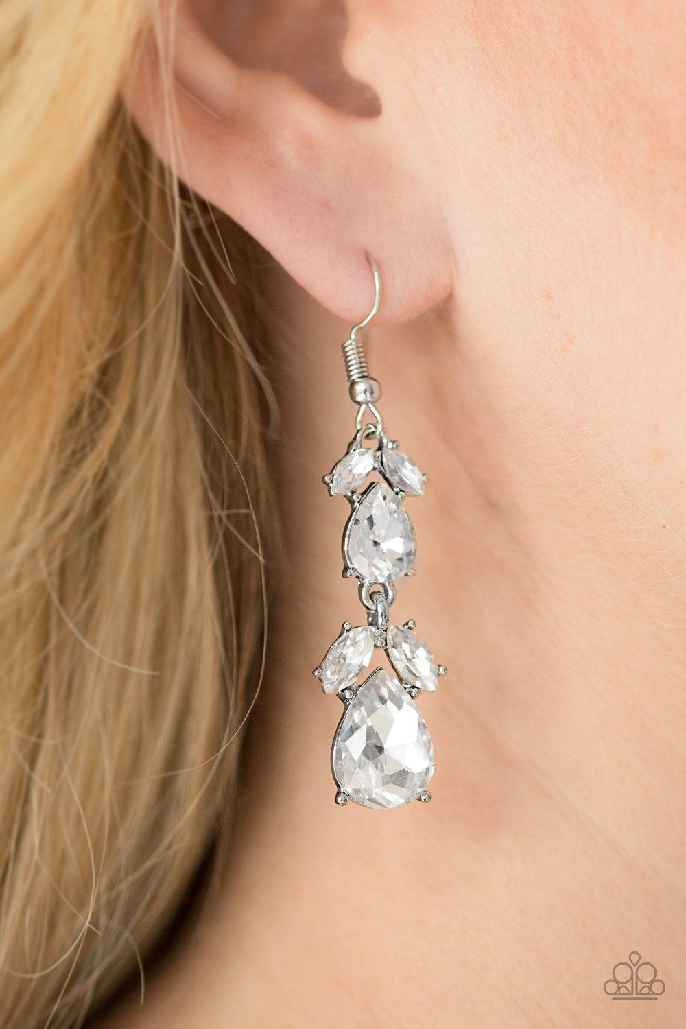 Trophy Hall White Rhinestone Earrings - Paparazzi Accessories- lightbox - CarasShop.com - Paparazzi Jewelry by Cara Jewels