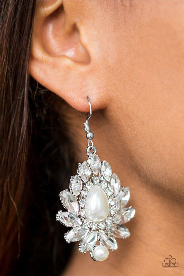 Trophy Trove White Pearl and Rhinestone Earrings - Paparazzi Accessories- lightbox - CarasShop.com - Paparazzi Jewelry by Cara Jewels