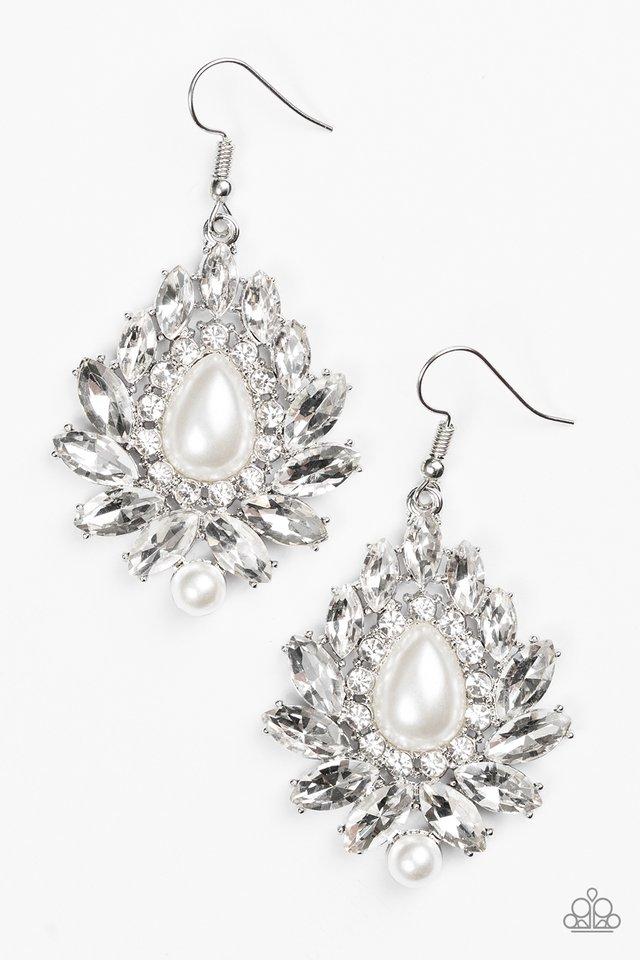 Trophy Trove White Pearl and Rhinestone Earrings - Paparazzi Accessories- on model - CarasShop.com - Paparazzi Jewelry by Cara Jewels