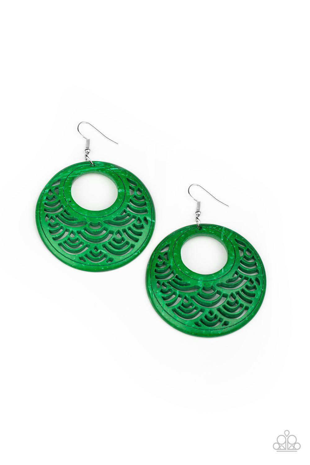 Tropical Canopy Green Wood Earrings - Paparazzi Accessories- on model - CarasShop.com - Paparazzi Jewelry by Cara Jewels