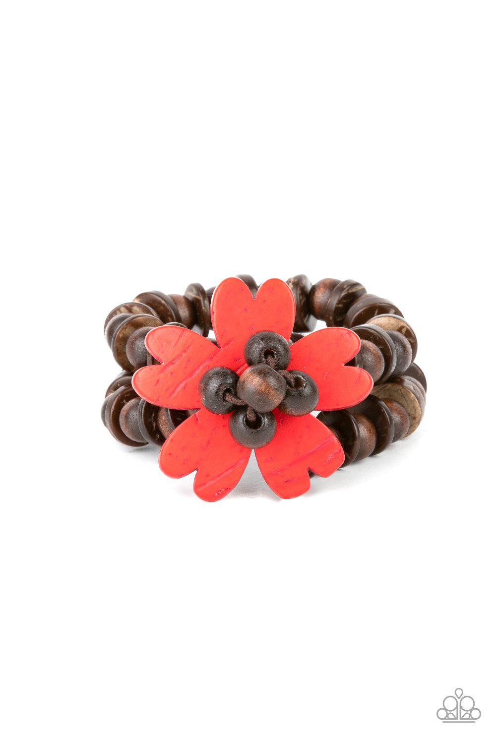 Tropical Flavor Red Wood Flower Bracelet - Paparazzi Accessories- lightbox - CarasShop.com - Paparazzi Jewelry by Cara Jewels